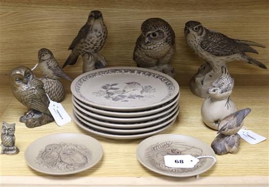A collection of Poole Pottery bird-related models and plates and a Ken Norris resin owl, etc.